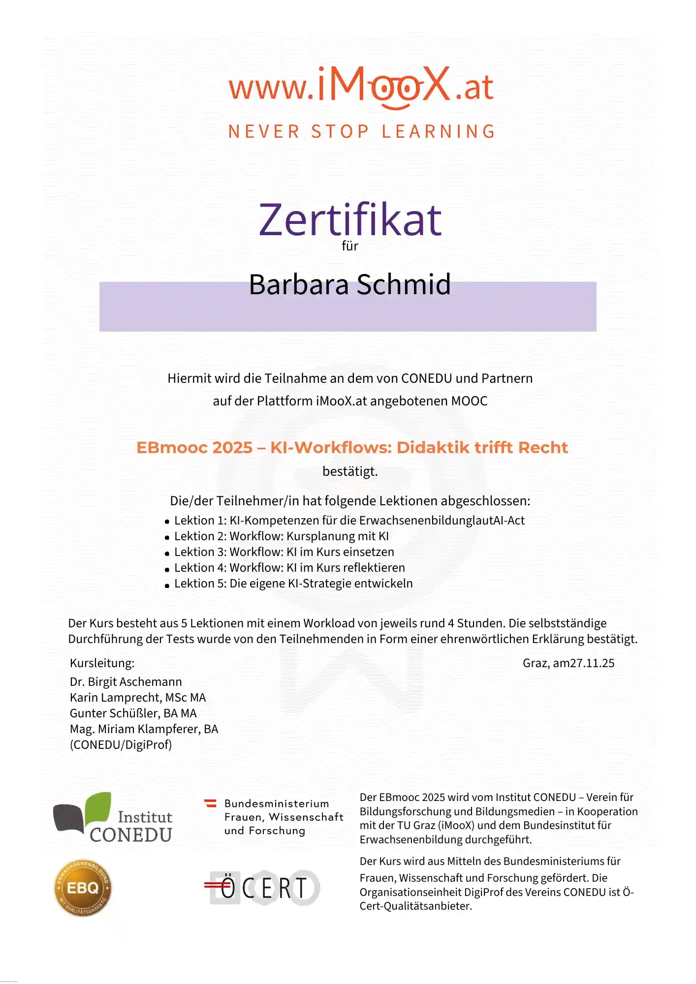 Zertifikat KI-Workflows für Barbara Schmid
